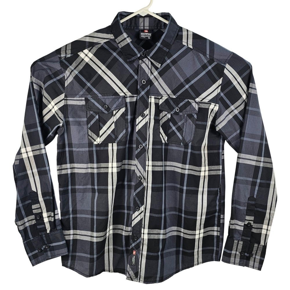 Southpole Collection Mens XL Plaid Long Sleeve Button Up Shirt Gray Black Casual